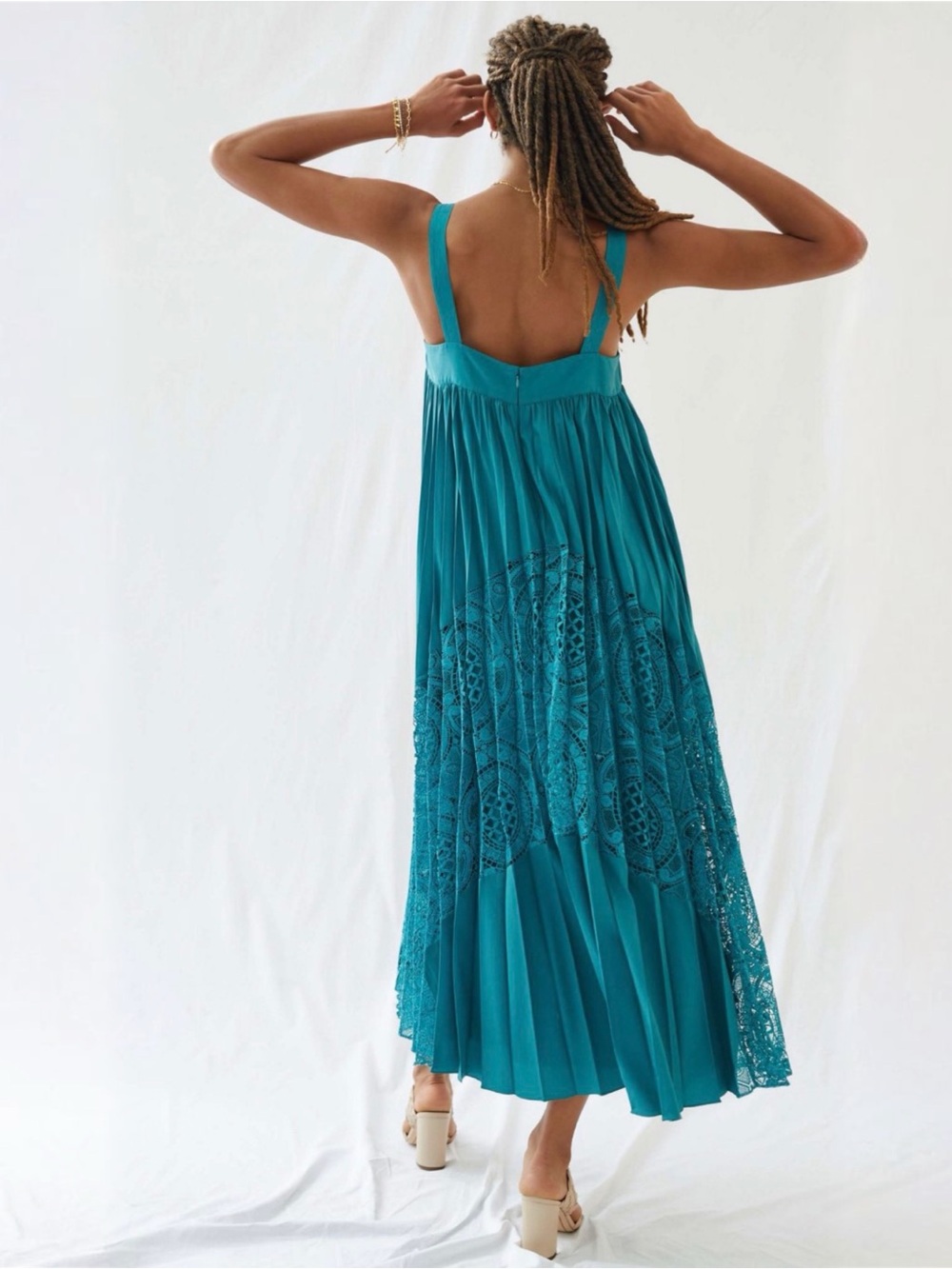 Anthropologie Turquoise Pleated Lace Maxi Dress Square Neck Boho Size Medium NWT - Picture 2 of 5